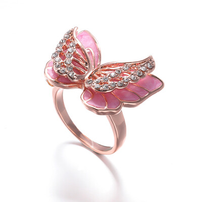 

Solid Rose Gold Butterfly Ring Pink Enamel Wings Diamond Jewelry Dreaming Birthday Anniversary Gift
