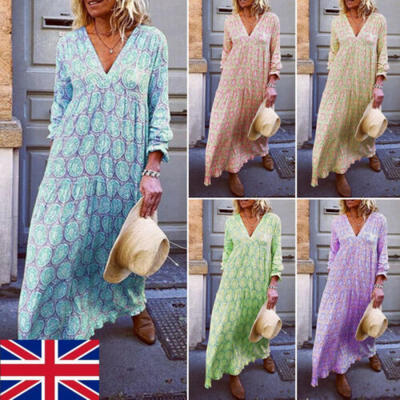 

Women Deep V Neck Maxi Dress Long Sleeve Summer Beach Holiday Long Dresses