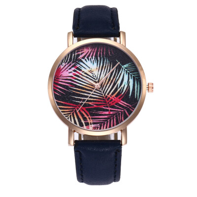 

New Fashion Plants Pattern Women Watch PU Leather Analog Quartz Vogue Wrist Watch Ladies Casual Dress Watches Relogio saati &Ff