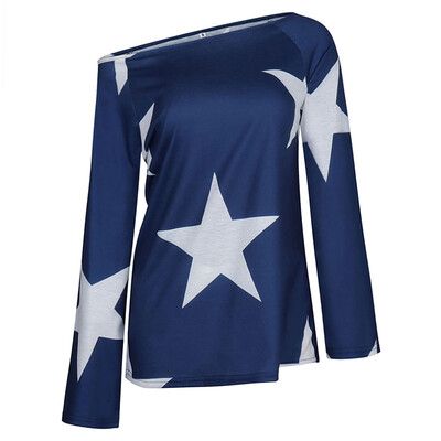 

Womens Casual All-match Cool Style T-shirt Top Long Sleeves Big Round Collar Stars Print T-shirt Top
