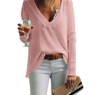 

2019 Fashion Casual Women V-neck Long sleeves Solid color Top Bottoming shirt knitting T-shirt