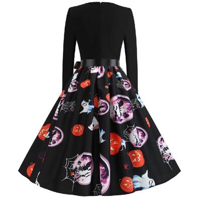 

L8073 Cross-border Halloween Womens Round Neck Long Sleeve Ghost Print Elastic Elastic Waist with Black Ribbon Big Swing black XX