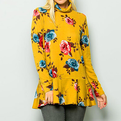 

Tailored Women Fashion Casual Floral Printing Turtleneck Long Sleeve T-Shirt Blouse