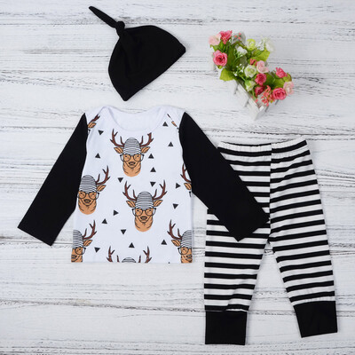 

Newborn Baby Kids Girl Boy Outfits Clothes Deer Print Tops T-shirtPantsHat Set
