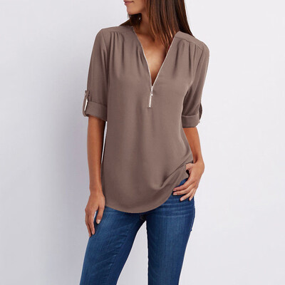 

Roseonmyhand Women Ladies Zipper Button Long Sleeves Loose Chiffon Shirt Clothing