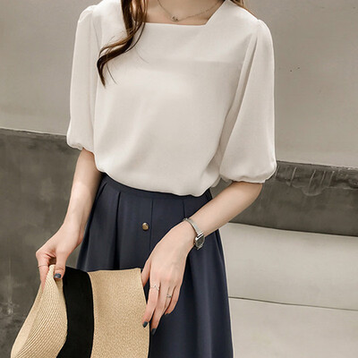 

Womens Simple Loose Blouse Square Collar Lantern Half-Sleeve Shirt Solid Chiffon Basic Blouse Fashion Office Ladies Shirt