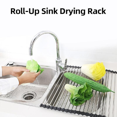 

Roll-Up Sink Drying Rack Multipurpose Rollable Over The Sink Stainless Steel&Silicone Dish Drying Rack Kitchen Dish Drainer fo