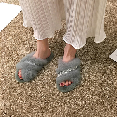 

Fairy wind slippers wear autumn Joker Pearl rhinestone Mao Mao drag flat bottom drag tide