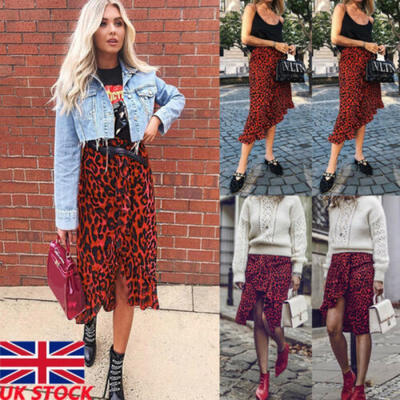 

Womens Leopard Print Midi Skirt Ladies High Waist Party Cocktail Dress Clubwear
