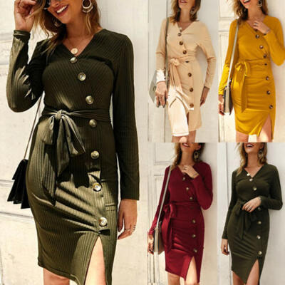 

Autumn Women Long Sleeve Button Dress Summer Casual Bodycon Sweater Dresses