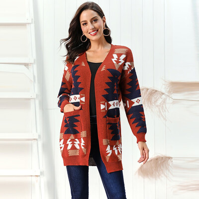 

Toponeto Women Christmas Geometric Pattern Coat V-Neck Christmas Tree Sweater Cardigan