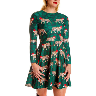 

Tailored Women O-Neck Christmas Printed Long Sleeve Hight Waist Knee-Length Dress