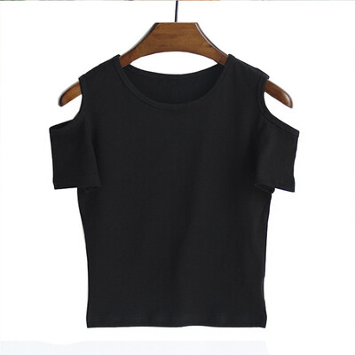 

Simple Solid Color Sexy Cold Shoulder T Shirt Women O-Neck Short Sleeve Short Tshirt Slim Cozy Wild Tee Shirt Femme New