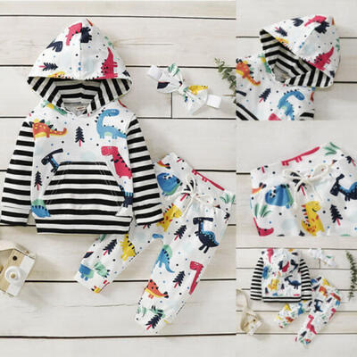 

Newborn Baby Boy Dinosaur Striped Hoodie Tops Pants Outfits Sweatshirt Tracksuit
