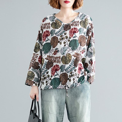 

Women Vintage Loose Blouse Printed Long Sleeves Drawstring Oversized Plus Size Cotton Linen Spring Autumn Casual Tops