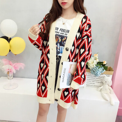 

2018 new autumn&winter love knitted cardigan with long languid easy v-neck simple&thick sweater jacket