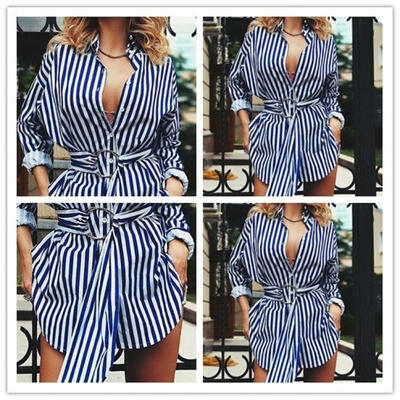 

Fashion Women Lapel Buttons Casual Long Sleeve Stripes Belts Shirts Tops Blouse