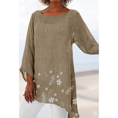 

Roseonmyhand Plus Size Fashion Women Casual Long Sleeve O-Neck Print Irregular Beach Blouse