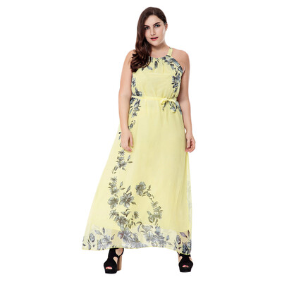 

Female Summer Beach Simple Large Size Floral Printing Waisted Halterneck Dress