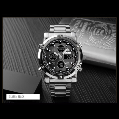 

Fashion Watch Trend Multi-functional Three Time Large Dial Business Mens Electronic Steel Band Watches BlackBlack
