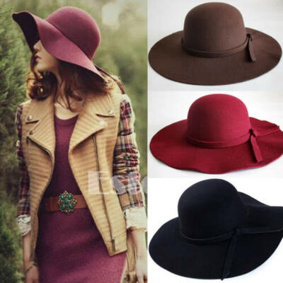

HOT Vintage Women Wide Brim Floppy Warm Fashion Felt Hat Trilby Bowler Cool
