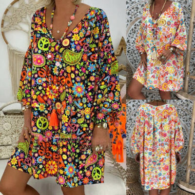 

US Plus Size Womens Floral Summer Short Sleeve Long T-Shirt Ladies Casual Dress