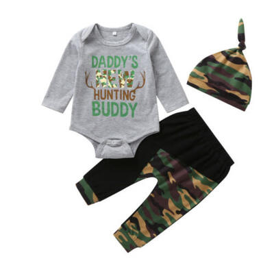 

US Baby Boy Girl Clothes Funny Long Sleeve Romper Pants Hat 3PCS Outfits Summer