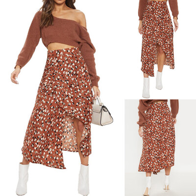 

Roseonmyhand Fashion Women Print Empire Waist Open Fork Irregular Mid-Calf Casual Skirt