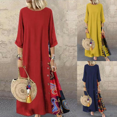 

Women Vintage Bohemian Print Linen Floral Short Sleeve O-Neck Long Maxi Dress