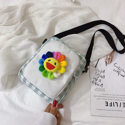 

Canvas bag girl summer ins weather day girl plaid cartoon girl single shoulder oblique satchel
