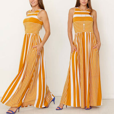

Womens Stripe Boho Party Evening Beach Dresses Maxi Sundress Sleeveless Tunic T-Shirt Dress with Side Pockets Swing Soft Premium