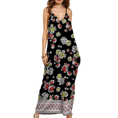 

Women Girl V-neck Floral Slip Dress Sleeveless Summer Loose Maxi Dress