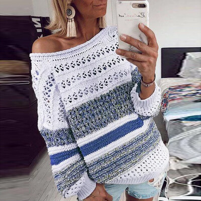 

Tailored Women Fashion Stripe Knitted O-Neck Hollow Out Long Sleeve Sweater Top Blouse