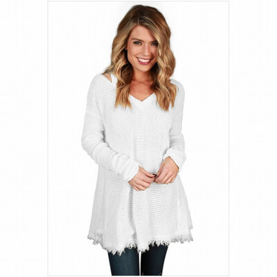 

V-neck long-sleeved off-the-shoulder sweater casual knit sweater womens