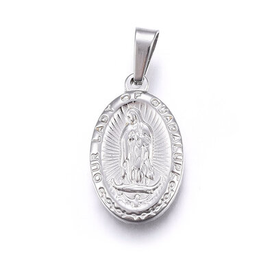 

304 Stainless Steel Pendants Oval with Our Lady Stainless Steel Color 23x14x3mm Hole 7x4mm