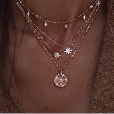 

Female Necklace Vintage Astrolabe Crystal Pendant Multi-layer Geometric Clavicle Chain Gold Long Necklace Set Girl Beach Party