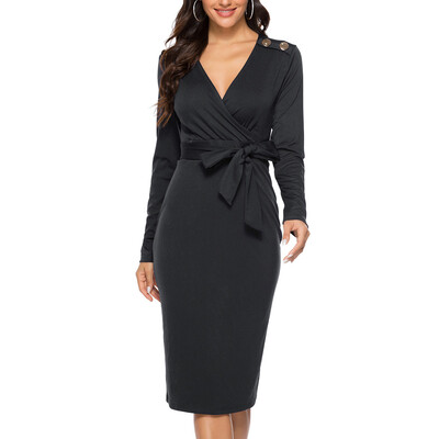 

Tailored Fashion Women Solid Long Sleeve v-Neck Bandage Knited Dress