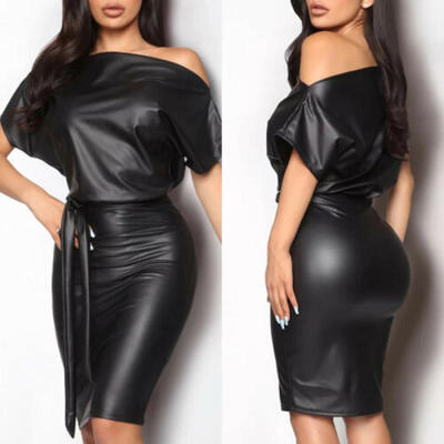 

US New Women PU Leather Wet Look Bodycon Bandage Party Cocktail Club Mini Dress