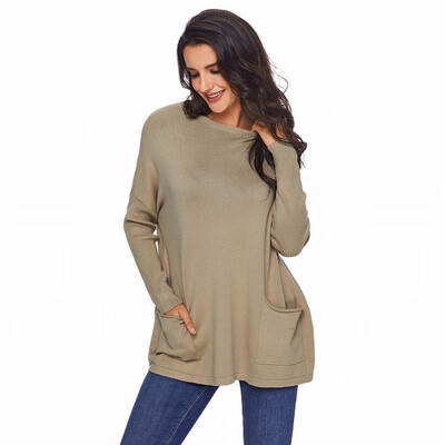 

Round neck long sleeve pullover loose casual knit sweater coat