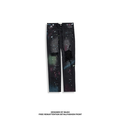 

MIJKO Mens Wear New Autumn Ripple Paint Pants Mens&Womens High Street Chaozhou Jeans