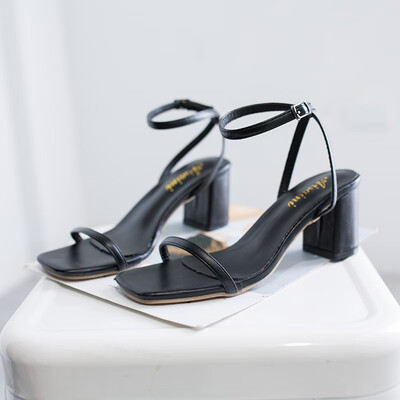 

Summer womens shoes with one word&one hundred square-headed thick-heeled womens high-heeled shoes open-toed sandals slipp