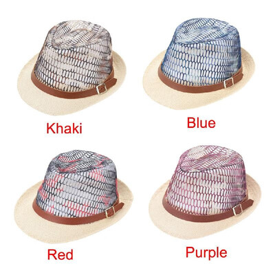 

Fashion Boy Girl Straw Hat Contrast Hollow Sheer Mesh Belt Fedora Curly Brim Unisex Baby Kids Panama Jazz Trilby Hat Cap