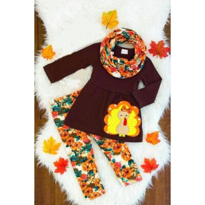 

USA Kids Baby Girls Thanksgiving Turkey Long Sleeve Cotton T-shirtPants Outfit