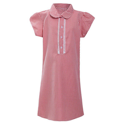 

Kids Gingham Girl Princess Turndown Lace Plaid Check School Dress Outfit Clothes