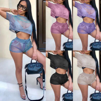 

Sexy Women 2 Piece Hollow Mesh Crop Top Shorts Set Jumpsuit Romper Sports