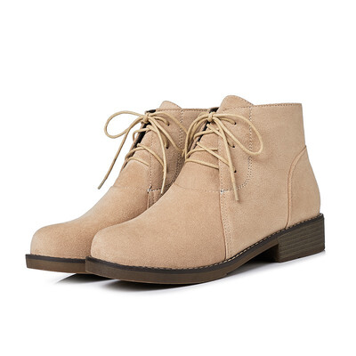 

IDIFU Womens Comfortable Solid Lace Up Round Toe Ankle High Block Low Heel Short Boots