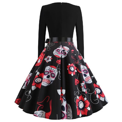 

Y4076 Cross-border Halloween womens autumn&winter round neck long-sleeved skull print with black ribbon big swing skirt black