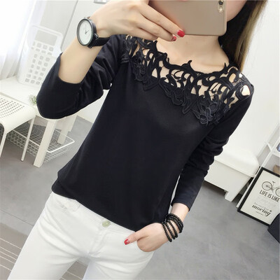 

Women Lace Splice Long Sleeve Autumn Ladies Causal Loose Tops Solid Color Blouse