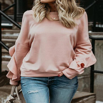 

Solid Back Ruffle Long Sleeves Elastic Cuffs Tee