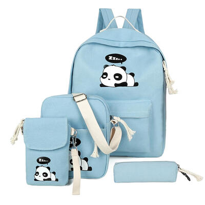 

4pcsSet Cute Women Girls Panda Print Backpacks Canvas Shoulder Schoolbags
